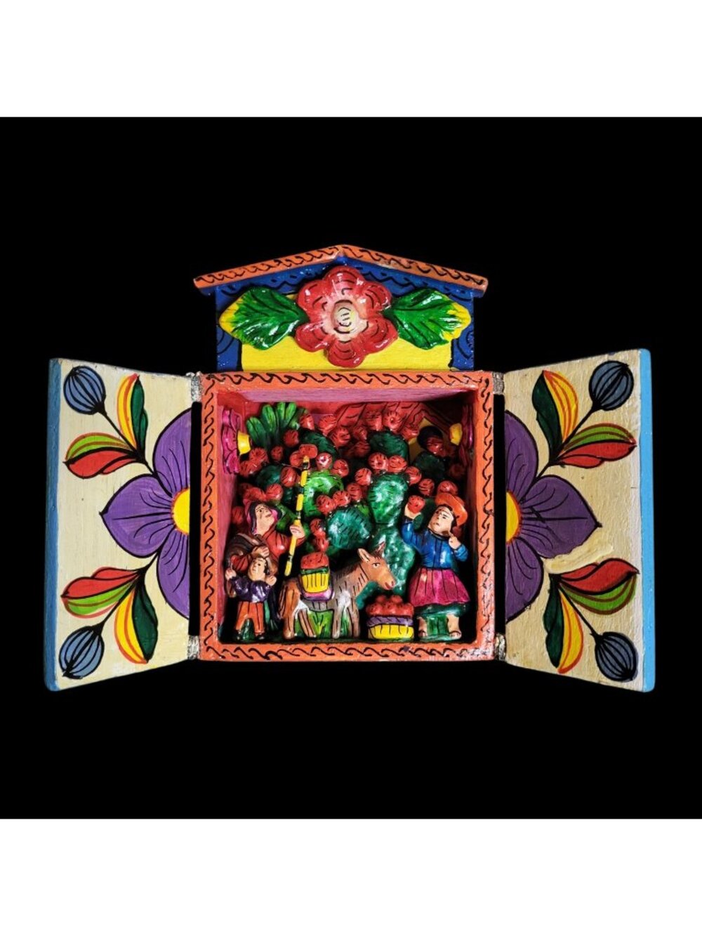 Small Wood Retablo Depicting Prickly Pear Cacti Harvest - Peru - 5.5x4x2.25 in